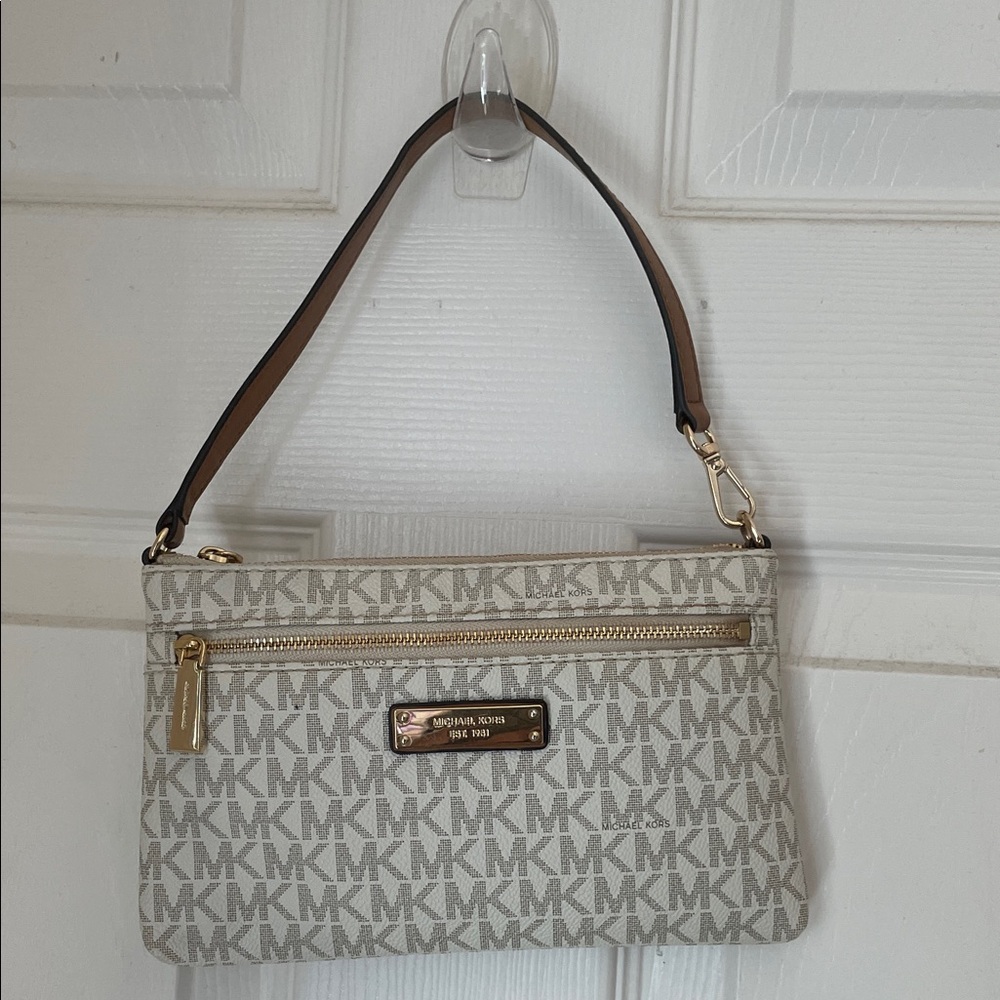 Michael Kors Beige and Brown Signature MK Shoulder Bag with Gold Hardware